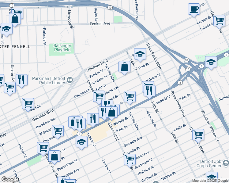 map of restaurants, bars, coffee shops, grocery stores, and more near 2427 Pasadena Street in Detroit