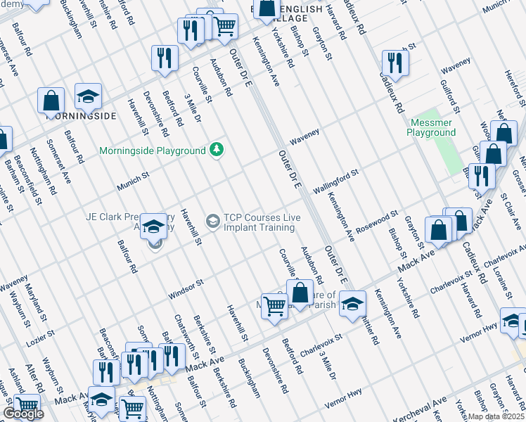 map of restaurants, bars, coffee shops, grocery stores, and more near 4015 Courville St in Detroit
