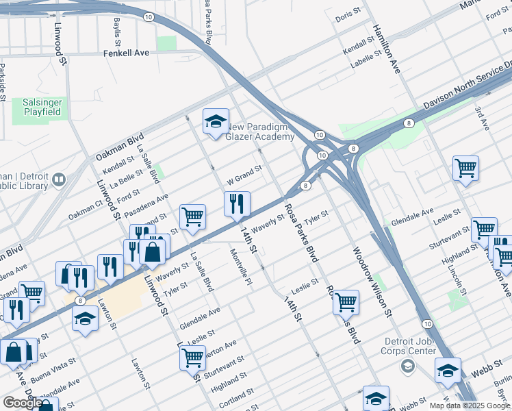 map of restaurants, bars, coffee shops, grocery stores, and more near 1990 West Davison Street in Detroit