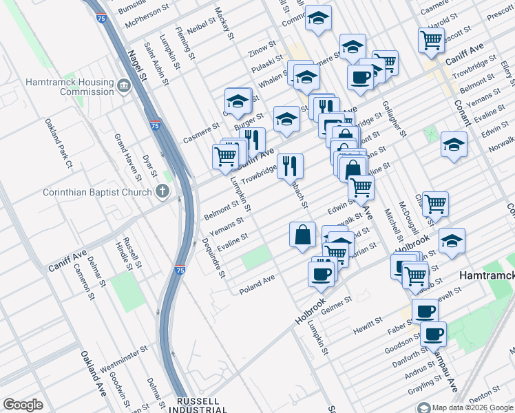 map of restaurants, bars, coffee shops, grocery stores, and more near 2225 Yemans Street in Hamtramck