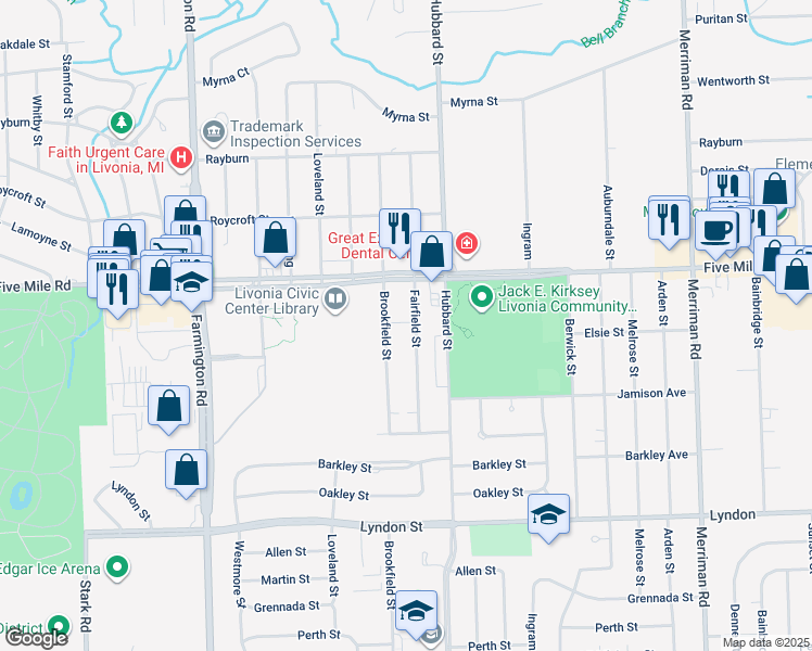 map of restaurants, bars, coffee shops, grocery stores, and more near 32643 Five Mile Road in Livonia