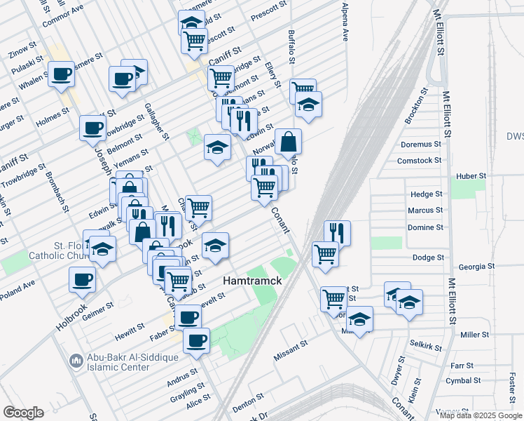map of restaurants, bars, coffee shops, grocery stores, and more near 3462 Holbrook Avenue in Hamtramck