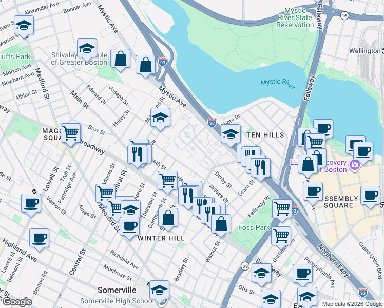map of restaurants, bars, coffee shops, grocery stores, and more near 90 River Road in Somerville