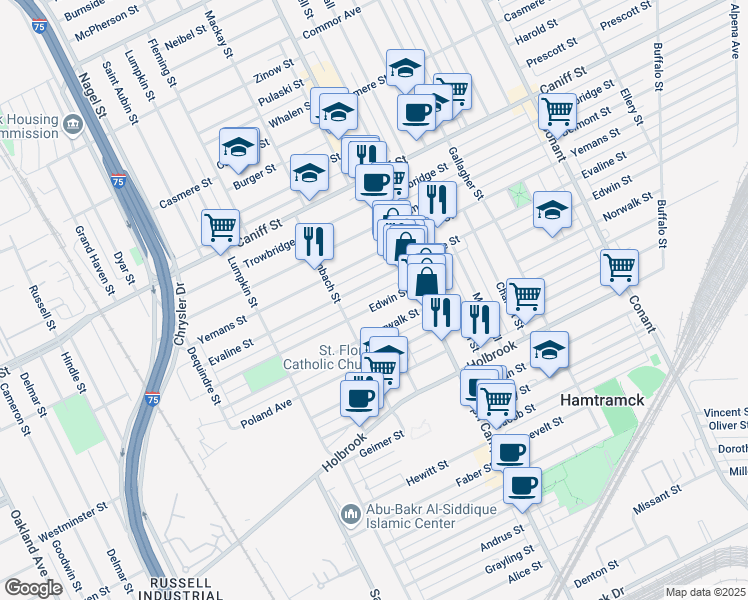 map of restaurants, bars, coffee shops, grocery stores, and more near 2669 Edwin Street in Hamtramck