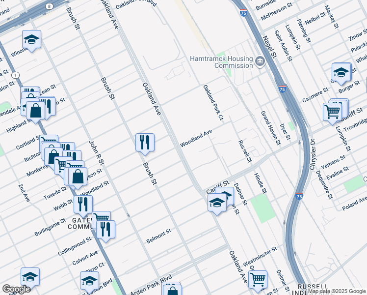map of restaurants, bars, coffee shops, grocery stores, and more near 11646 Oakland Avenue in Detroit