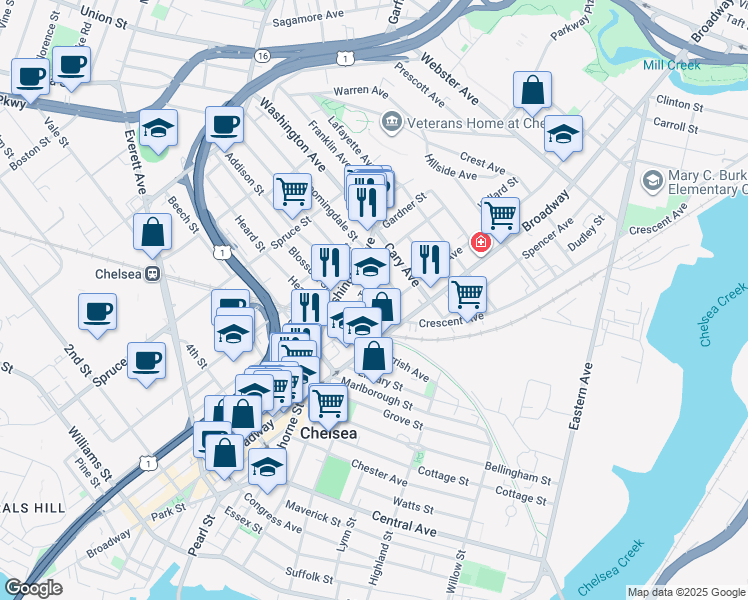 map of restaurants, bars, coffee shops, grocery stores, and more near 8 Clark Avenue in Chelsea