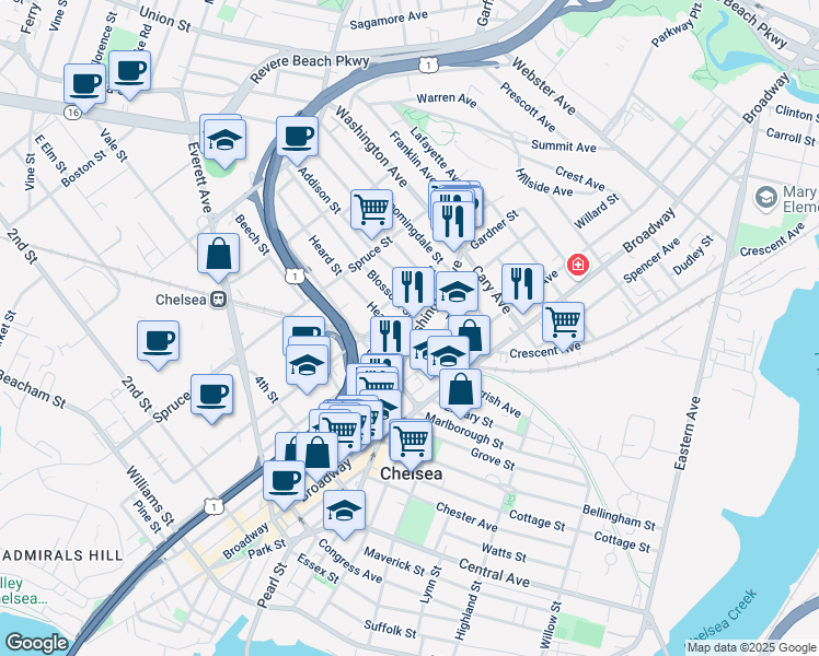 map of restaurants, bars, coffee shops, grocery stores, and more near 93 Washington Avenue in Chelsea