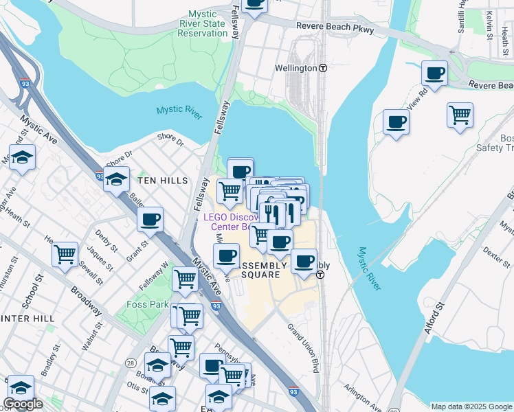 map of restaurants, bars, coffee shops, grocery stores, and more near 333 Great River Road in Somerville