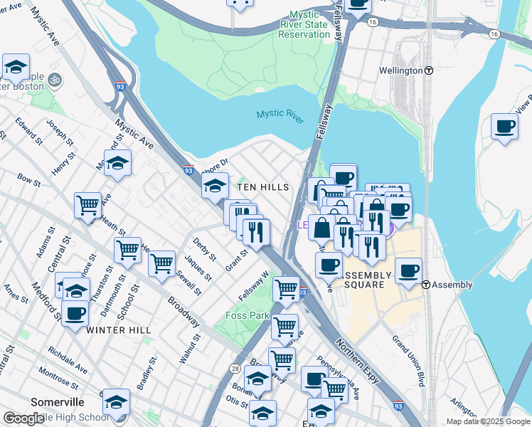 map of restaurants, bars, coffee shops, grocery stores, and more near 22 Puritan Road in Somerville