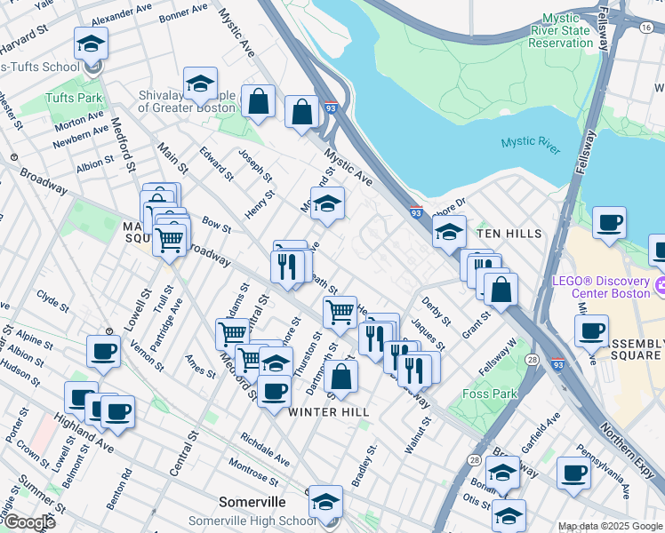 map of restaurants, bars, coffee shops, grocery stores, and more near 38 Bond Street in Somerville