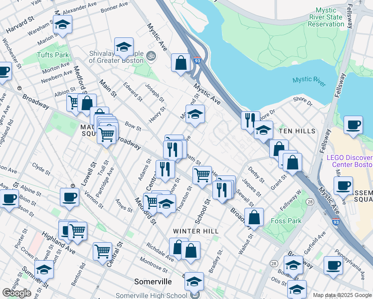 map of restaurants, bars, coffee shops, grocery stores, and more near 107 Heath Street in Somerville