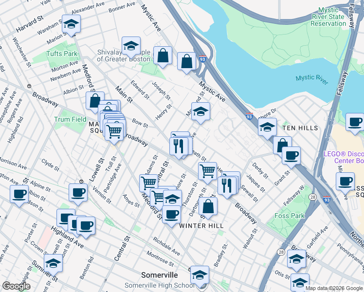 map of restaurants, bars, coffee shops, grocery stores, and more near 107 Heath Street in Somerville