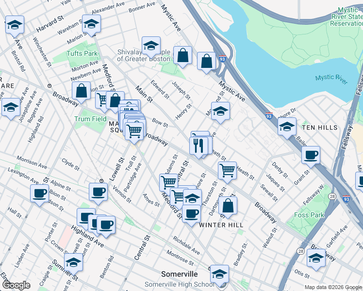 map of restaurants, bars, coffee shops, grocery stores, and more near 427A Broadway in Somerville
