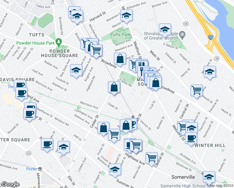 map of restaurants, bars, coffee shops, grocery stores, and more near 11 Murdock Street in Somerville