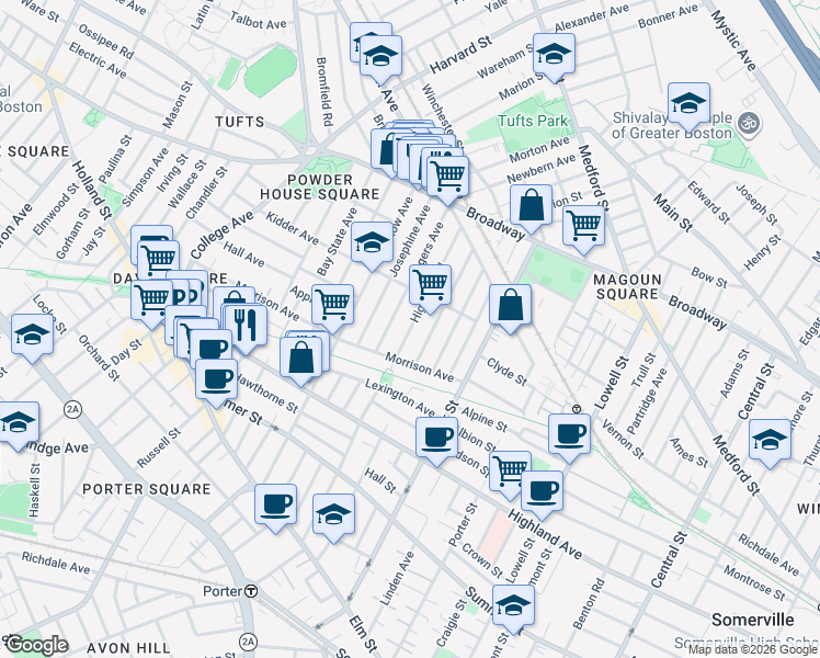map of restaurants, bars, coffee shops, grocery stores, and more near 19 Rogers Avenue in Somerville