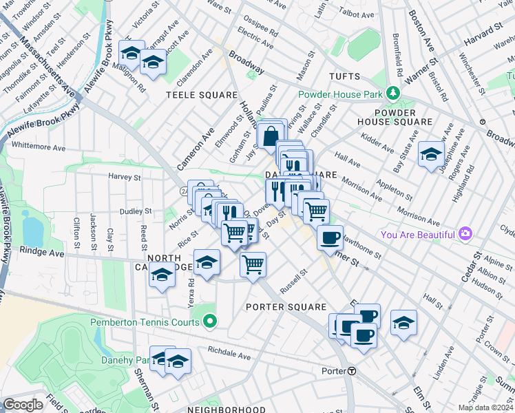 map of restaurants, bars, coffee shops, grocery stores, and more near 155 Orchard Street in Somerville