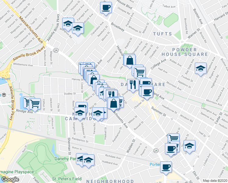 map of restaurants, bars, coffee shops, grocery stores, and more near 9 Locke Street in Cambridge