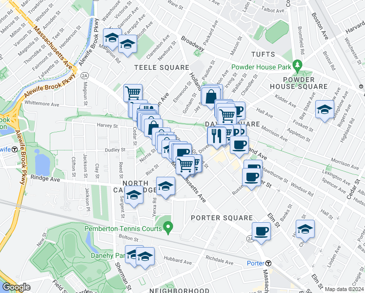 map of restaurants, bars, coffee shops, grocery stores, and more near 9 Locke Street in Cambridge