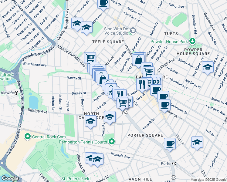 map of restaurants, bars, coffee shops, grocery stores, and more near 9 Locke Street in Cambridge