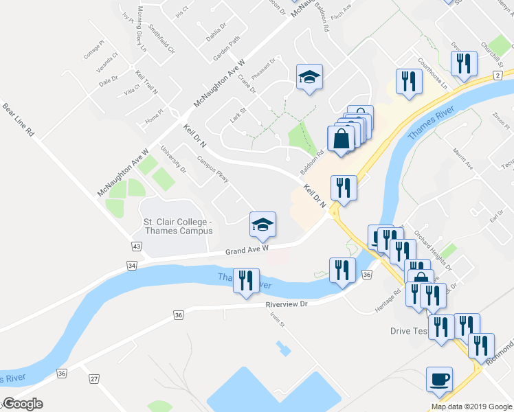 map of restaurants, bars, coffee shops, grocery stores, and more near 30 Trillium Village in Chatham