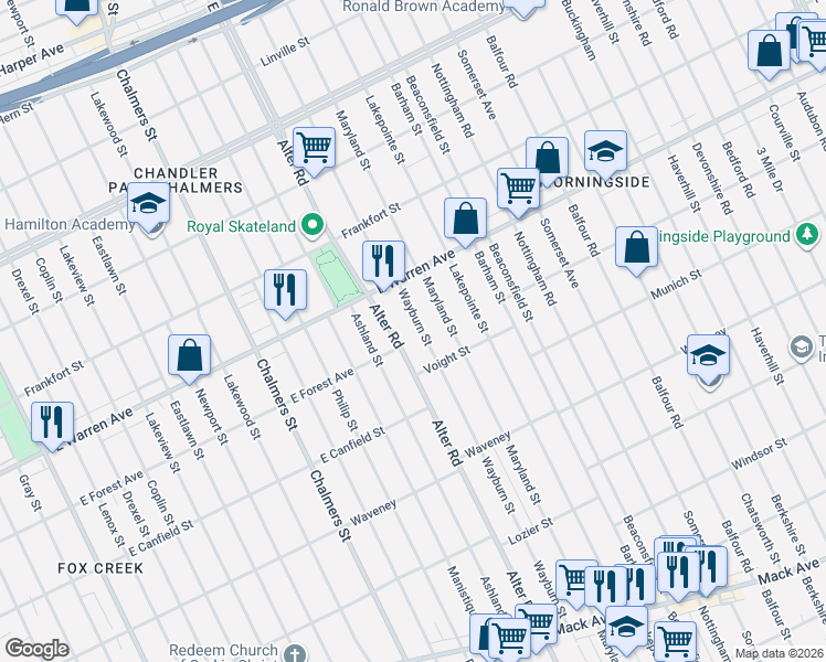map of restaurants, bars, coffee shops, grocery stores, and more near 4796 Alter Road in Detroit