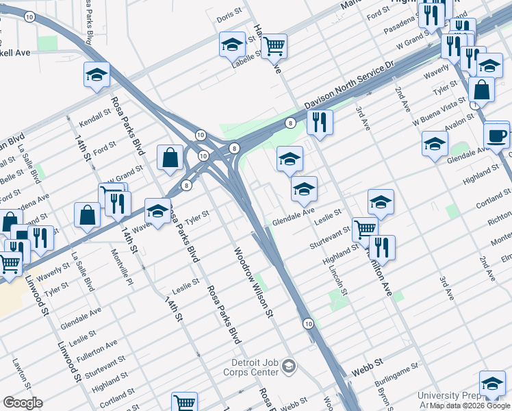 map of restaurants, bars, coffee shops, grocery stores, and more near 1500 Buena Vista Street in Detroit