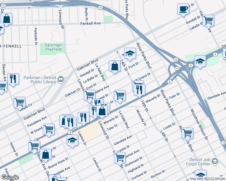 map of restaurants, bars, coffee shops, grocery stores, and more near 2326 Grand Street in Detroit