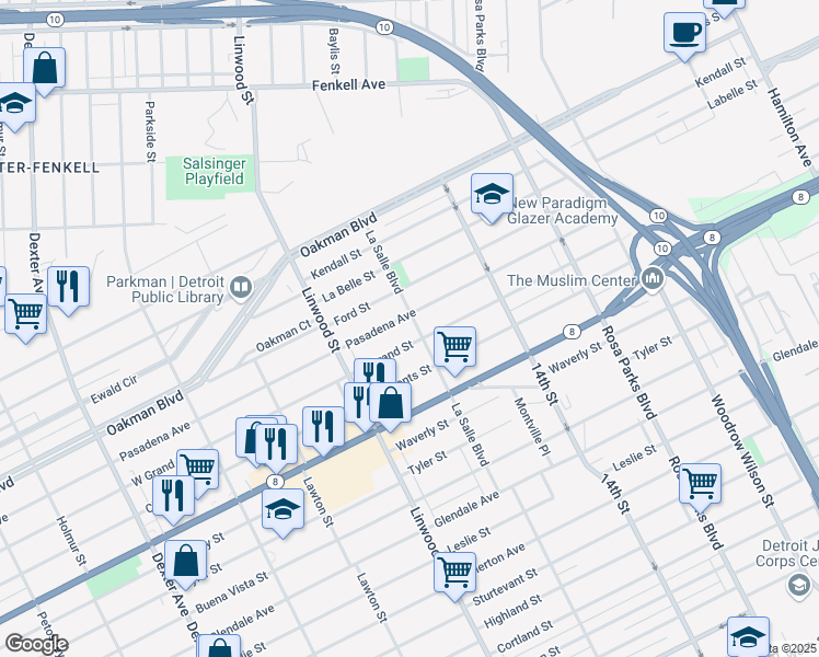 map of restaurants, bars, coffee shops, grocery stores, and more near 2427 Pasadena Street in Detroit