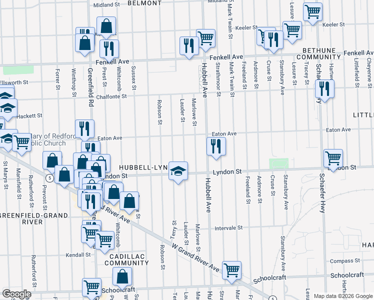 map of restaurants, bars, coffee shops, grocery stores, and more near 14607 Marlowe Street in Detroit