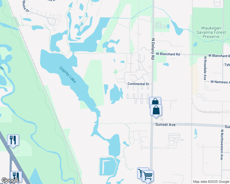 map of restaurants, bars, coffee shops, grocery stores, and more near 4238 Brentwood Lane in Waukegan