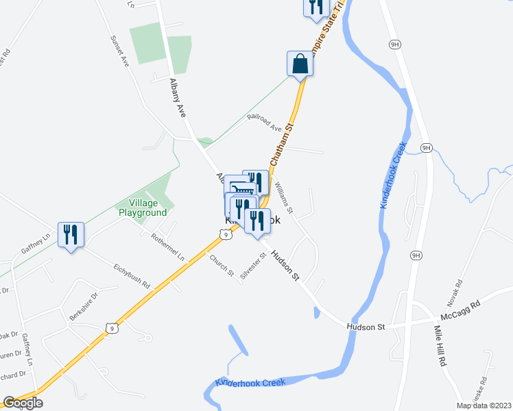 map of restaurants, bars, coffee shops, grocery stores, and more near 11 Chatham Street in Kinderhook