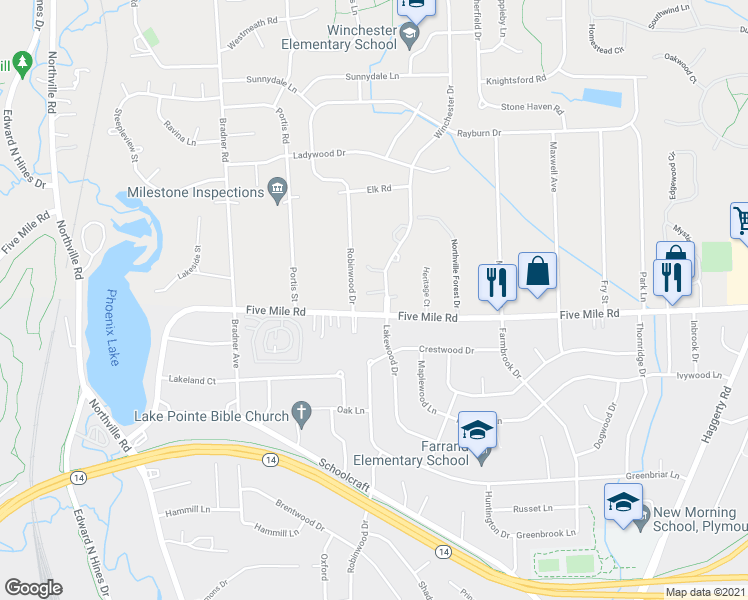 map of restaurants, bars, coffee shops, grocery stores, and more near 41754 Laurel Oaks Court in Plymouth