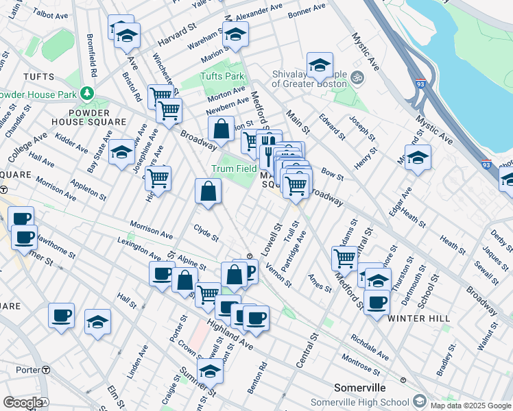 map of restaurants, bars, coffee shops, grocery stores, and more near 36 Hinckley Street in Somerville