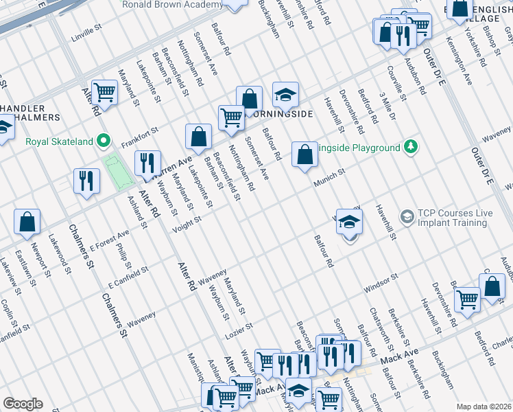map of restaurants, bars, coffee shops, grocery stores, and more near 4619 Nottingham Road in Detroit