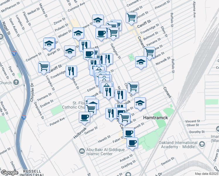 map of restaurants, bars, coffee shops, grocery stores, and more near 9459 Mitchell St in Hamtramck