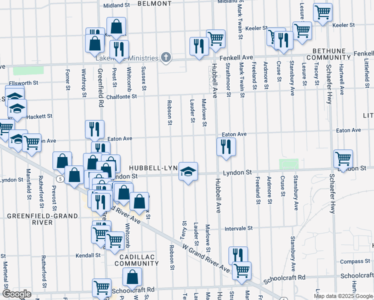 map of restaurants, bars, coffee shops, grocery stores, and more near 14606 Terry Street in Detroit
