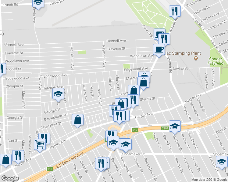 map of restaurants, bars, coffee shops, grocery stores, and more near 8934 Culver Street in Detroit