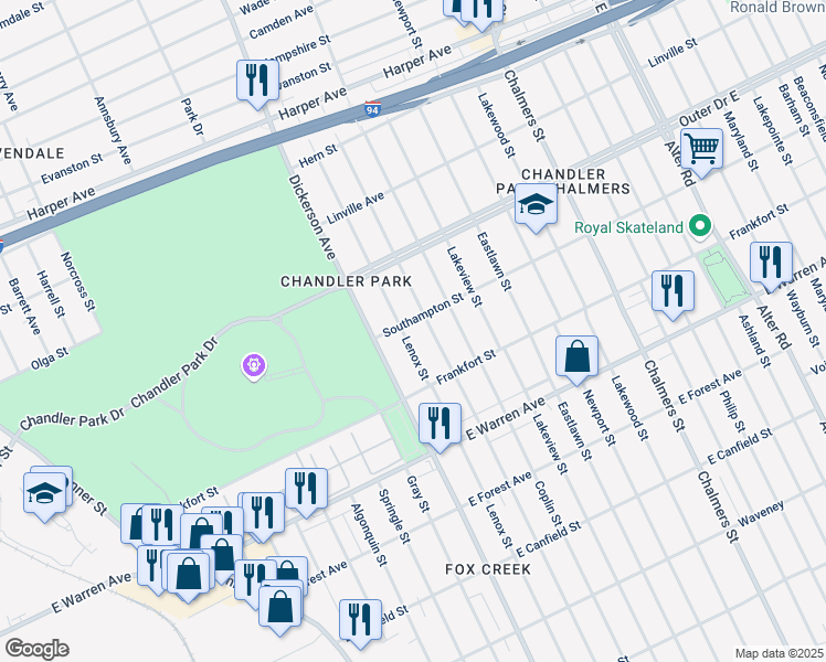 map of restaurants, bars, coffee shops, grocery stores, and more near 5312 Lenox Street in Detroit