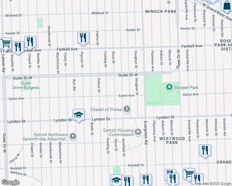 map of restaurants, bars, coffee shops, grocery stores, and more near 14810 Stout Street in Detroit