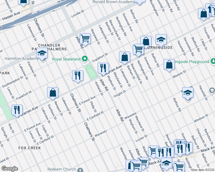 map of restaurants, bars, coffee shops, grocery stores, and more near 4796 Alter Road in Detroit