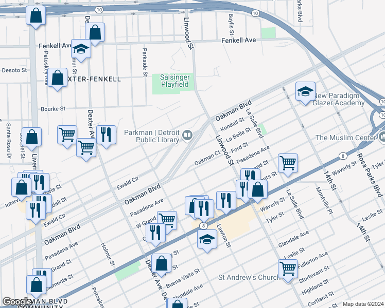 map of restaurants, bars, coffee shops, grocery stores, and more near 1787 Oakman Boulevard in Detroit