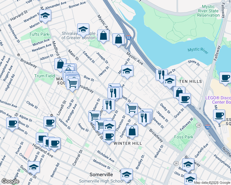 map of restaurants, bars, coffee shops, grocery stores, and more near 107 Heath Street in Somerville