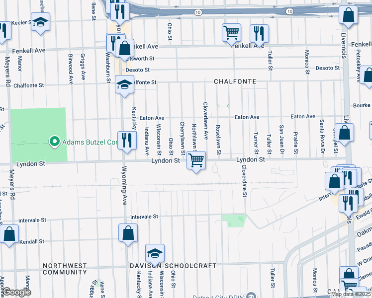 map of restaurants, bars, coffee shops, grocery stores, and more near 14546 Cherrylawn Street in Detroit