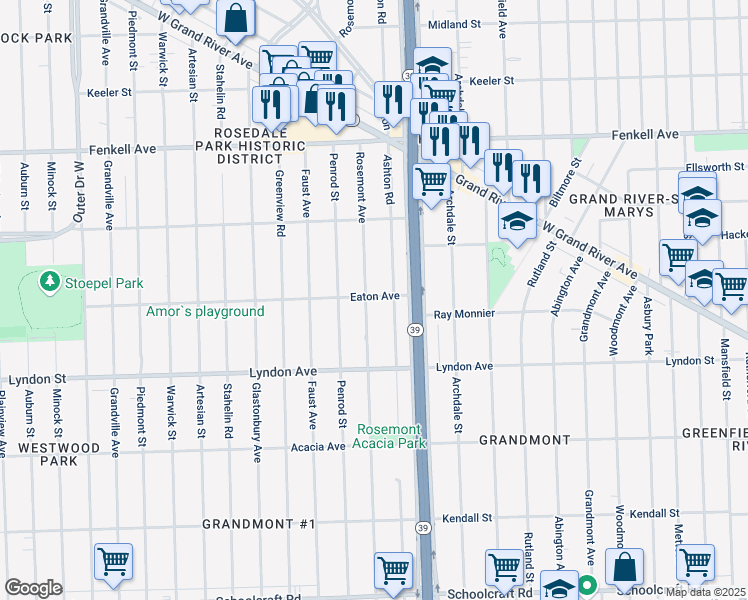 map of restaurants, bars, coffee shops, grocery stores, and more near 14650 Rosemont Avenue in Detroit