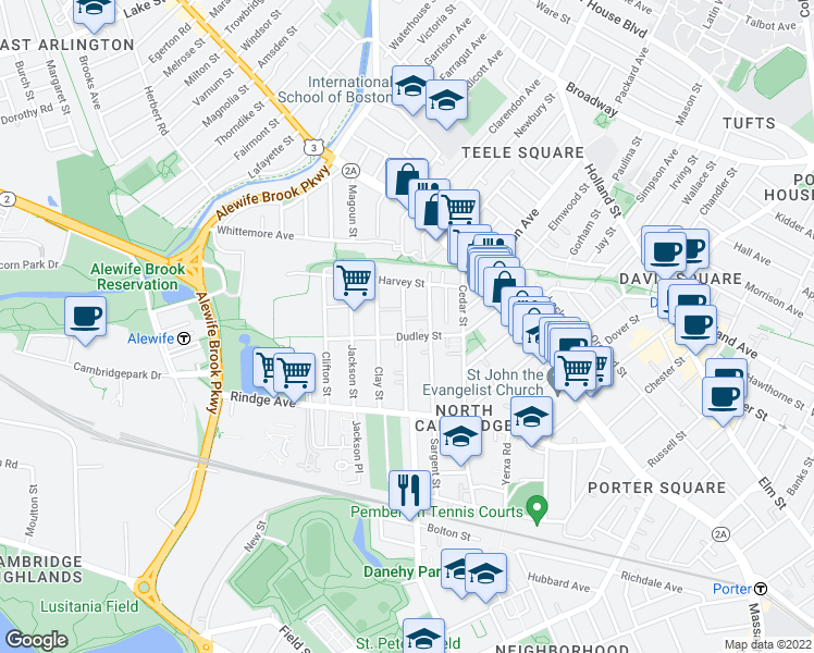 map of restaurants, bars, coffee shops, grocery stores, and more near 91 Montgomery Street in Cambridge