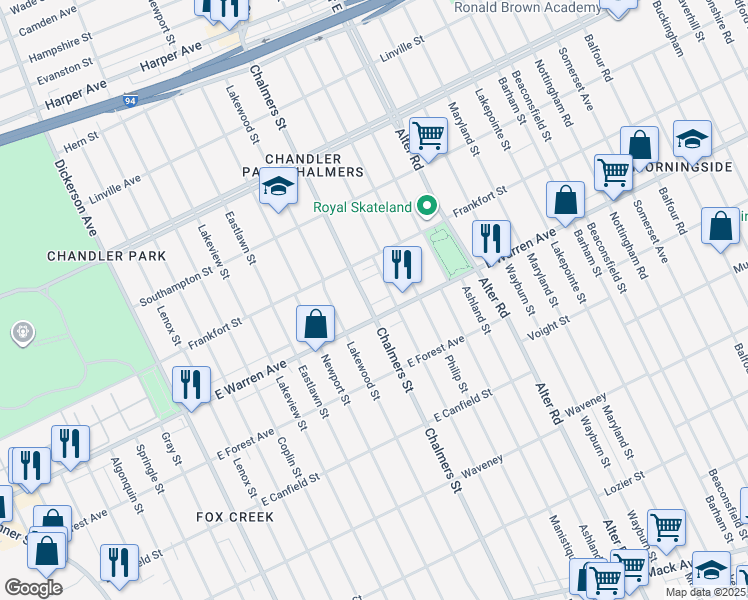 map of restaurants, bars, coffee shops, grocery stores, and more near 5026 Chalmers Street in Detroit