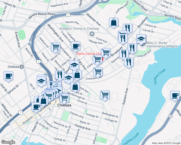 map of restaurants, bars, coffee shops, grocery stores, and more near 715 Broadway in Everett