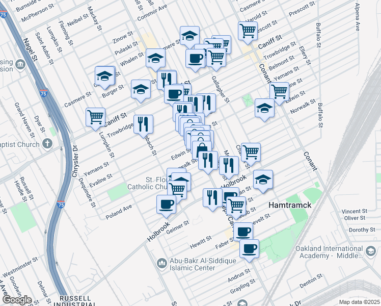 map of restaurants, bars, coffee shops, grocery stores, and more near 2736 Edwin Street in Hamtramck