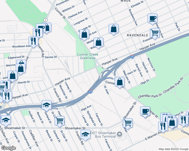 map of restaurants, bars, coffee shops, grocery stores, and more near 6104 Beniteau Street in Detroit