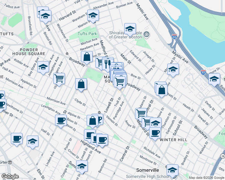 map of restaurants, bars, coffee shops, grocery stores, and more near in Somerville